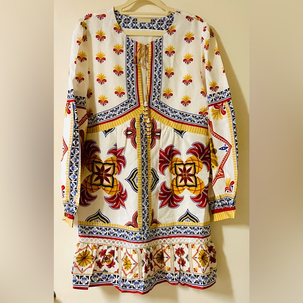 Farm Rio Off-White Bright Multi Tile Print Lightweight Long Sleeve Mini Dress: M - Picture 10 of 13